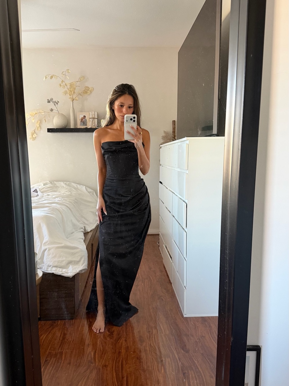 House of CB Corset Black Strapless Satin Evening Dress with Side Slit